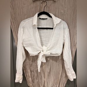 Zara Cropped Linen Blend Tie Top